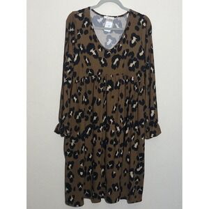 RJ‎ 220 Women's Sz Lg Leopard Print Brown Long Sleeve Babydoll Dress